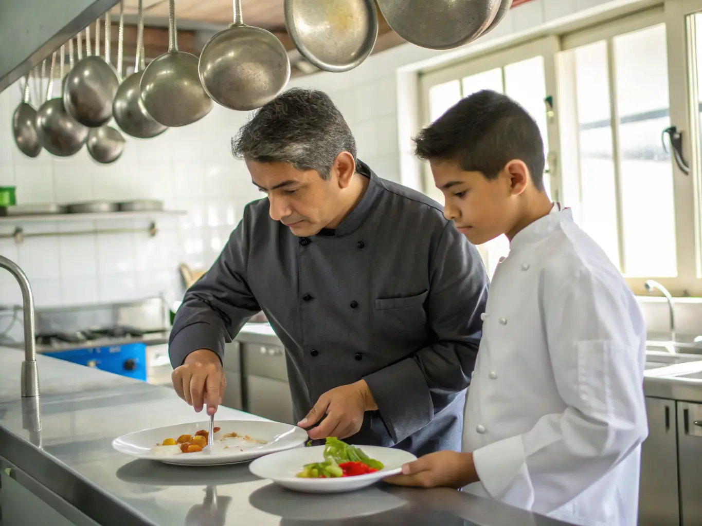 A photograph of a mentor guiding a chef in a professional kitchen, representing RestauHub's mentorship program.