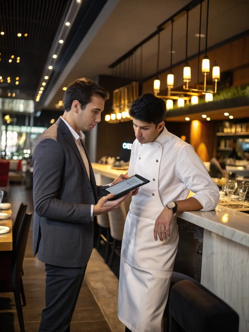 A professional chef mentoring a young culinary entrepreneur in a modern restaurant setting, both looking at a tablet displaying financial data.