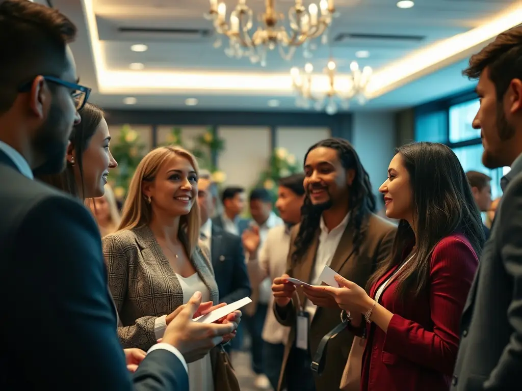 A diverse group of culinary professionals attending a RestauHub networking event, exchanging business cards and engaging in lively conversations over appetizers and drinks, in a stylish restaurant setting.