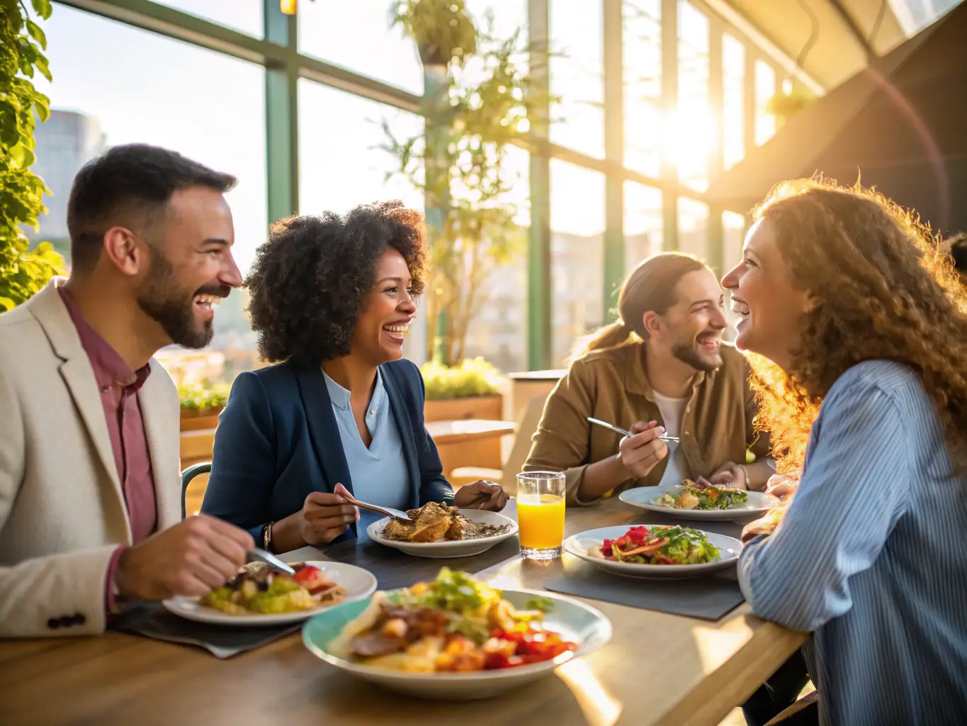 A group of culinary entrepreneurs are networking at a RestauHub event, exchanging business cards and discussing potential collaborations over appetizers and drinks.