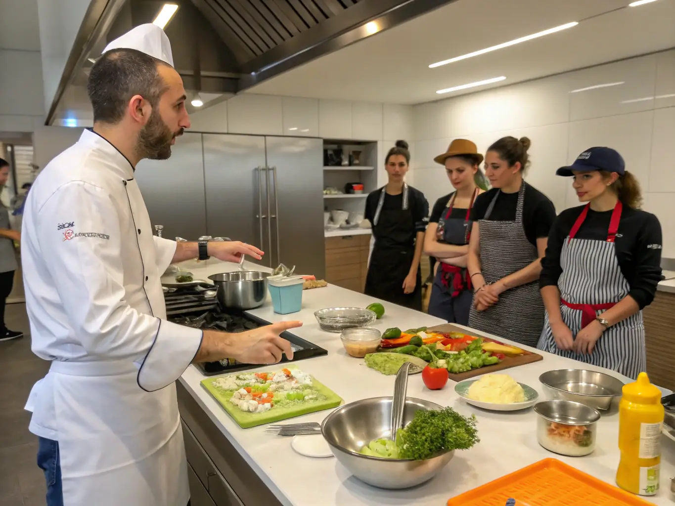 A mentor is guiding a young chef in a professional kitchen, demonstrating advanced cooking techniques and offering advice on menu development and kitchen management.